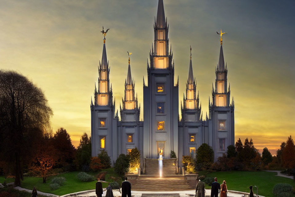 Majestic temple with spires at sunset, people in formal attire approaching entrance.