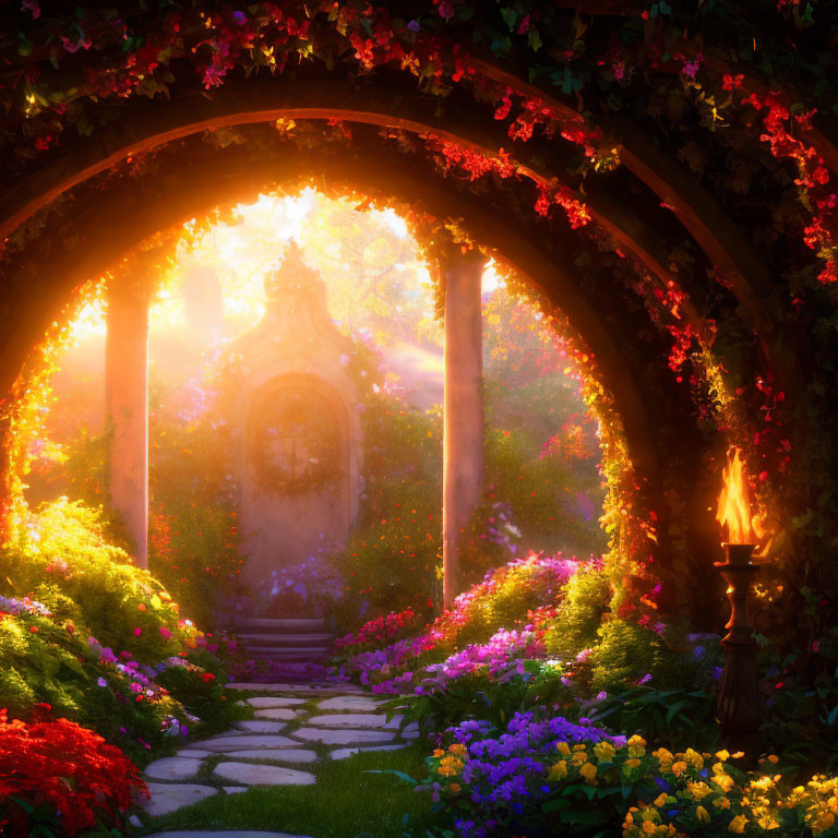 Sunrise illuminates garden archway with blooming flowers and stone path