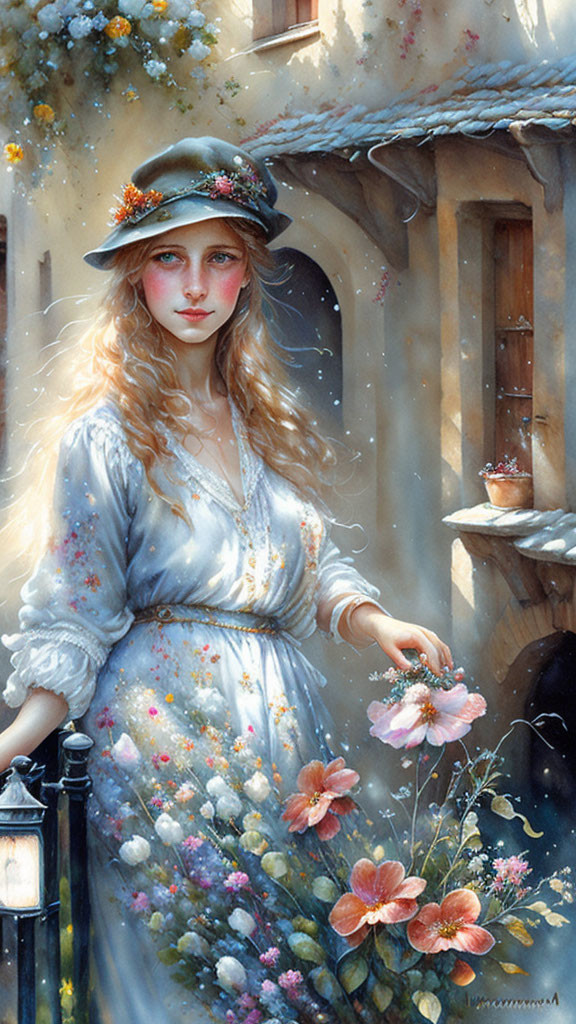 Young woman in vintage dress and hat with flowers by cottage-style house