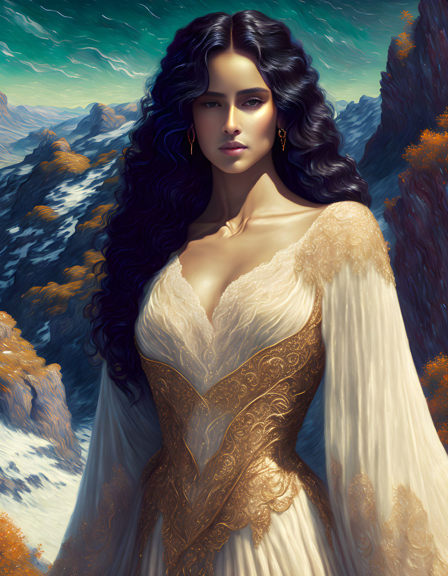 Woman in White and Gold Dress in Autumn Mountain Landscape