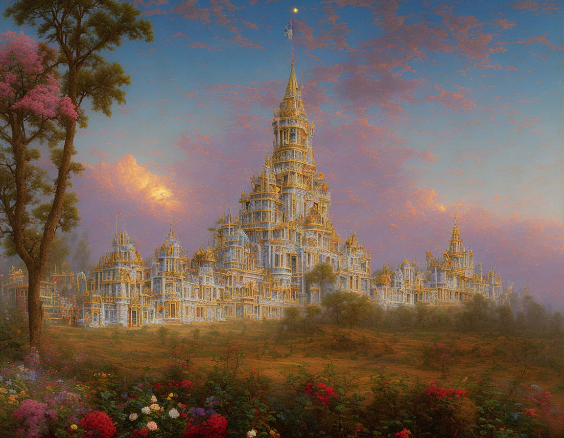 Fantasy landscape with golden castle, vibrant flowers, and ethereal sky