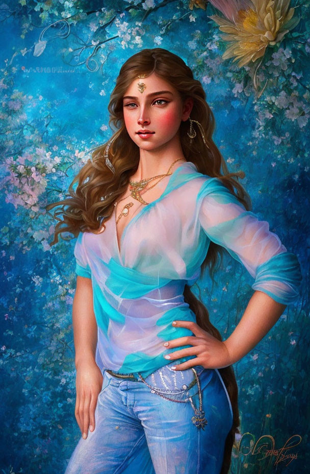 Digital artwork: Woman with brown hair, blue blouse, jeans, ornate jewelry, on floral background