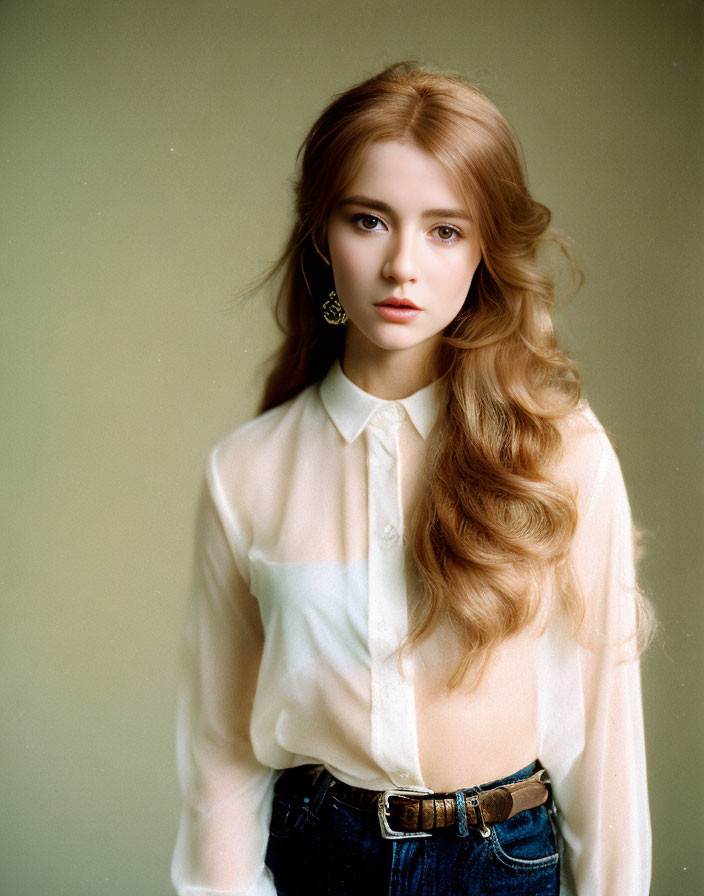 Wavy-haired woman in cream blouse and jeans against plain backdrop