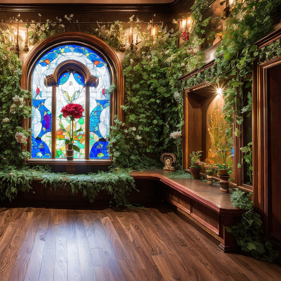 Wooden Interior with Stained Glass Window and Red Flower Bouquet