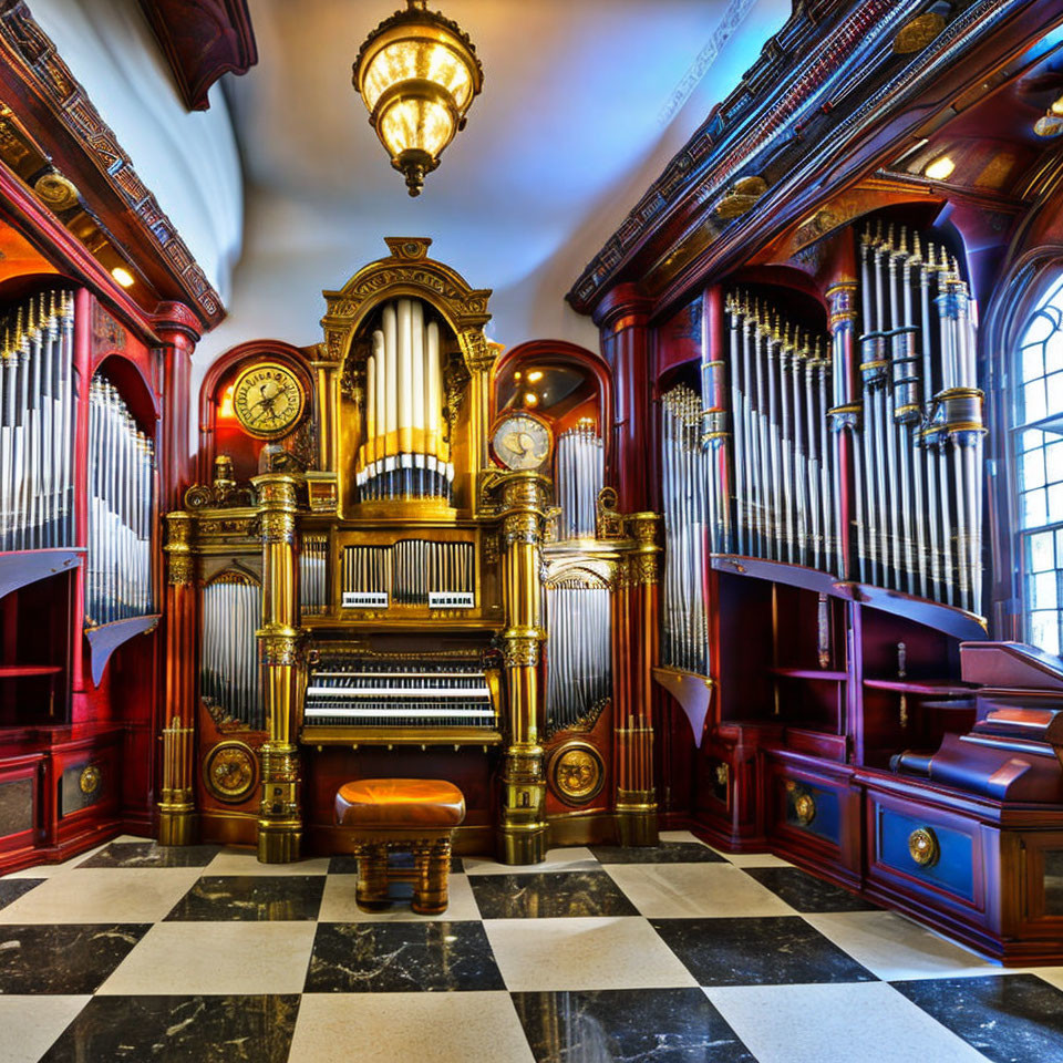 Opulent room with elaborate gold-accented pipe organ