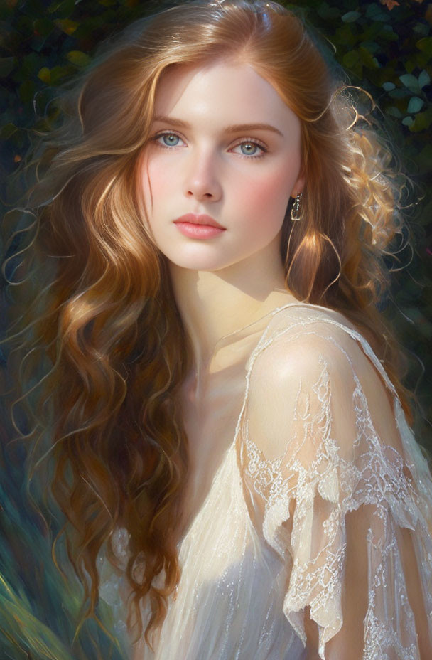 Digital painting: Young woman with curly hair and blue eyes in lace garment