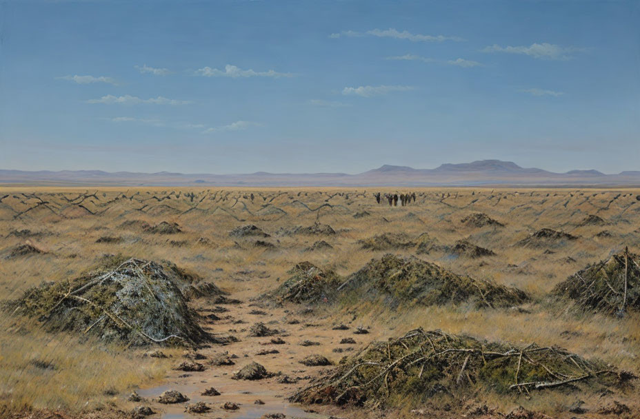 Sparse Vegetation and Animals in Dry Landscape with Distant Mountains