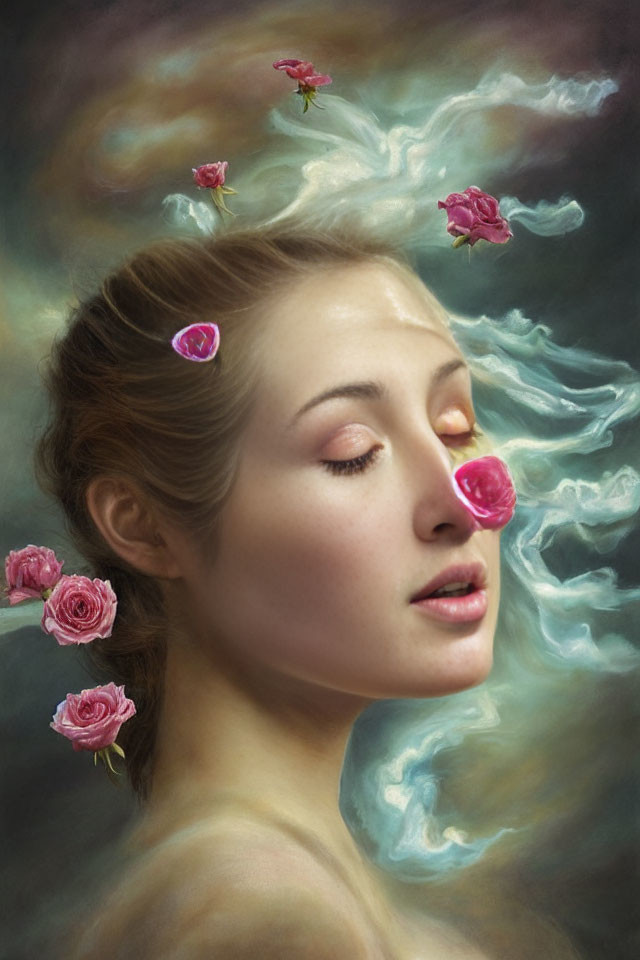 Portrait of woman with swirling clouds and pink roses, one on her nose