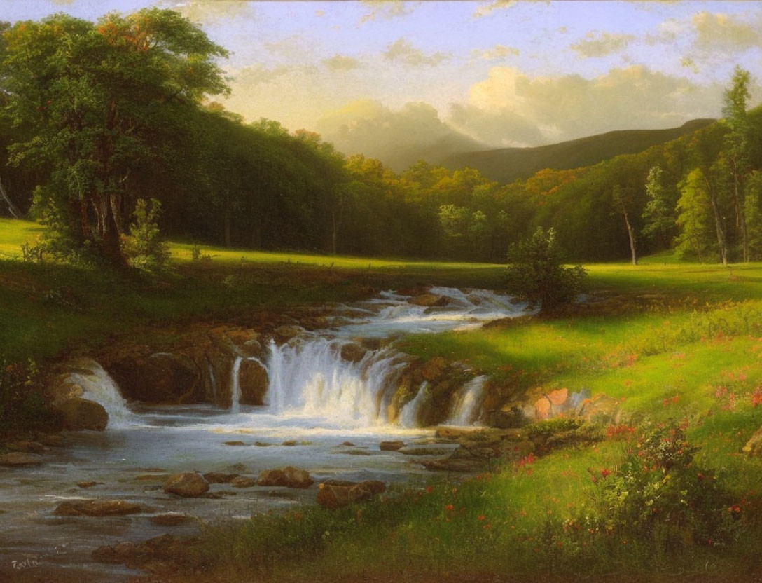 Tranquil landscape painting: waterfall, greenery, mountains, warm sky