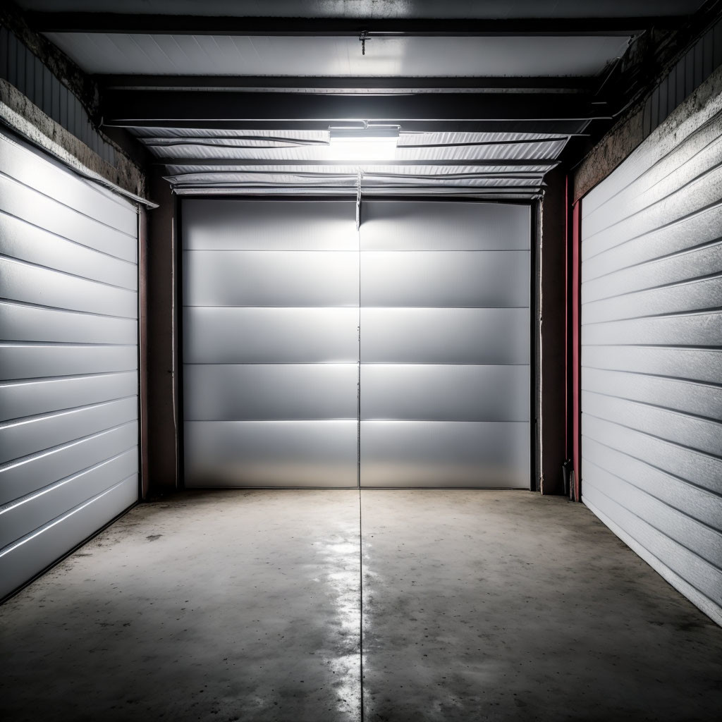 Symmetrical Brightly Lit Industrial Garage with Closed Metal Doors