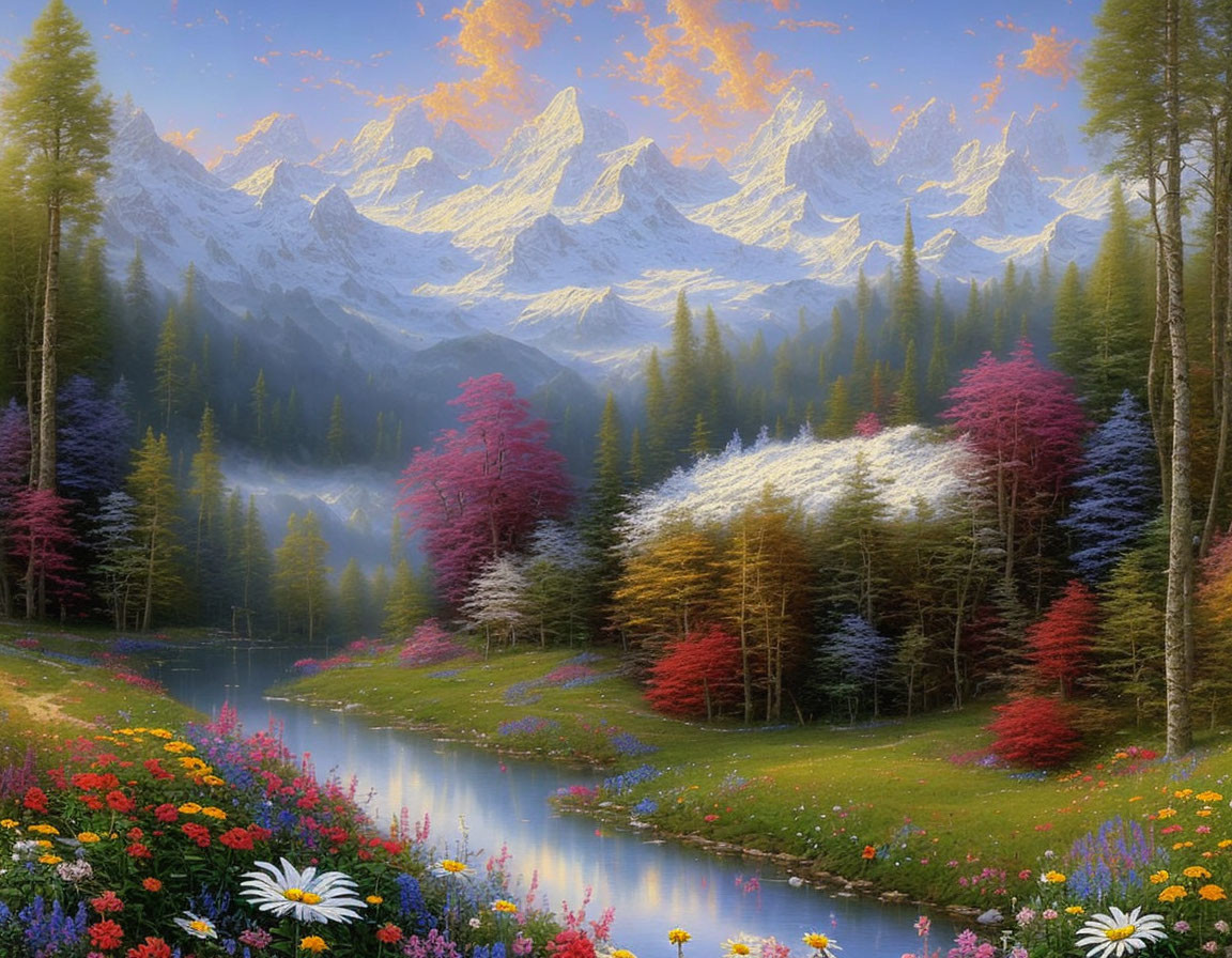 Serene landscape with river, colorful trees, wildflowers, and snow-capped mountains