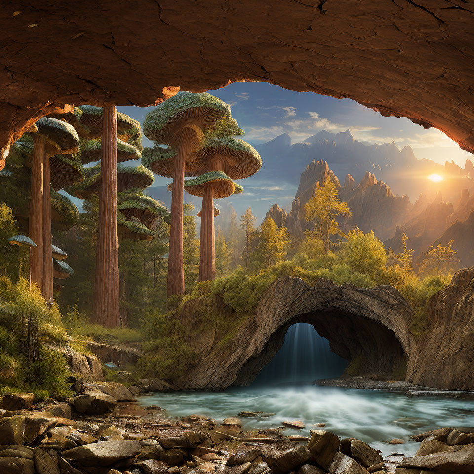 Fantasy landscape with oversized mushroom trees, river, and sunlit mountains