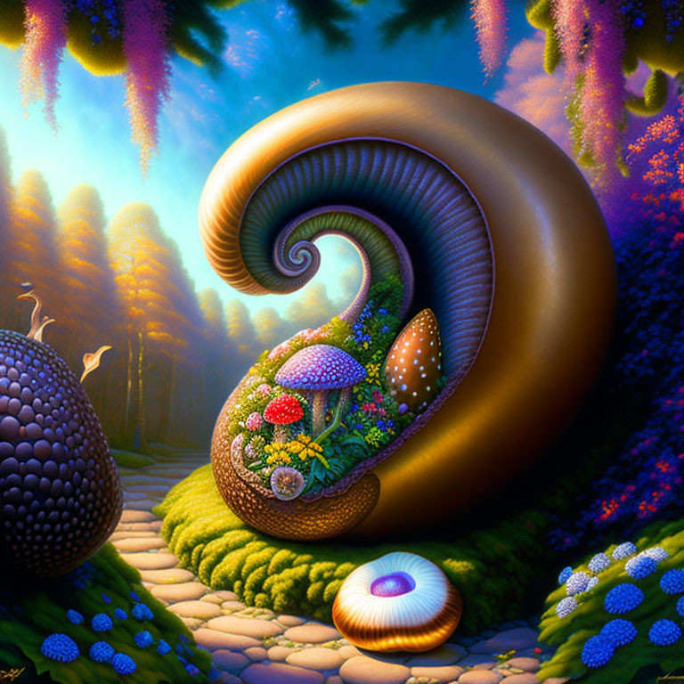 Golden spiral structure in surreal landscape with vibrant foliage and floating islands