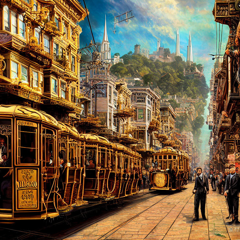 Historic street with cable cars and modern skyline.