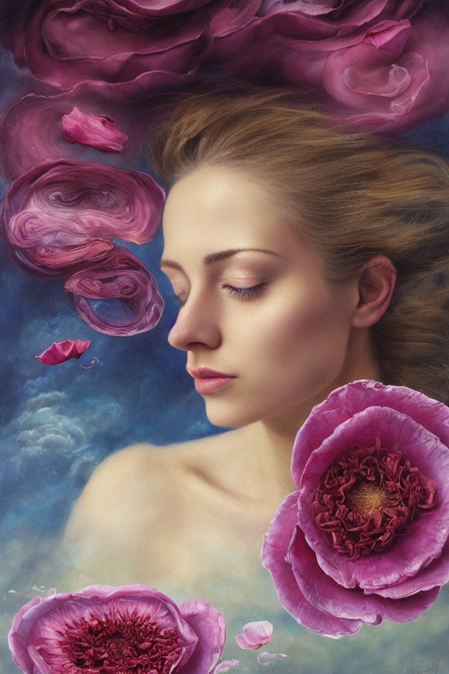 Serene woman surrounded by floating pink roses on blue cloudy backdrop