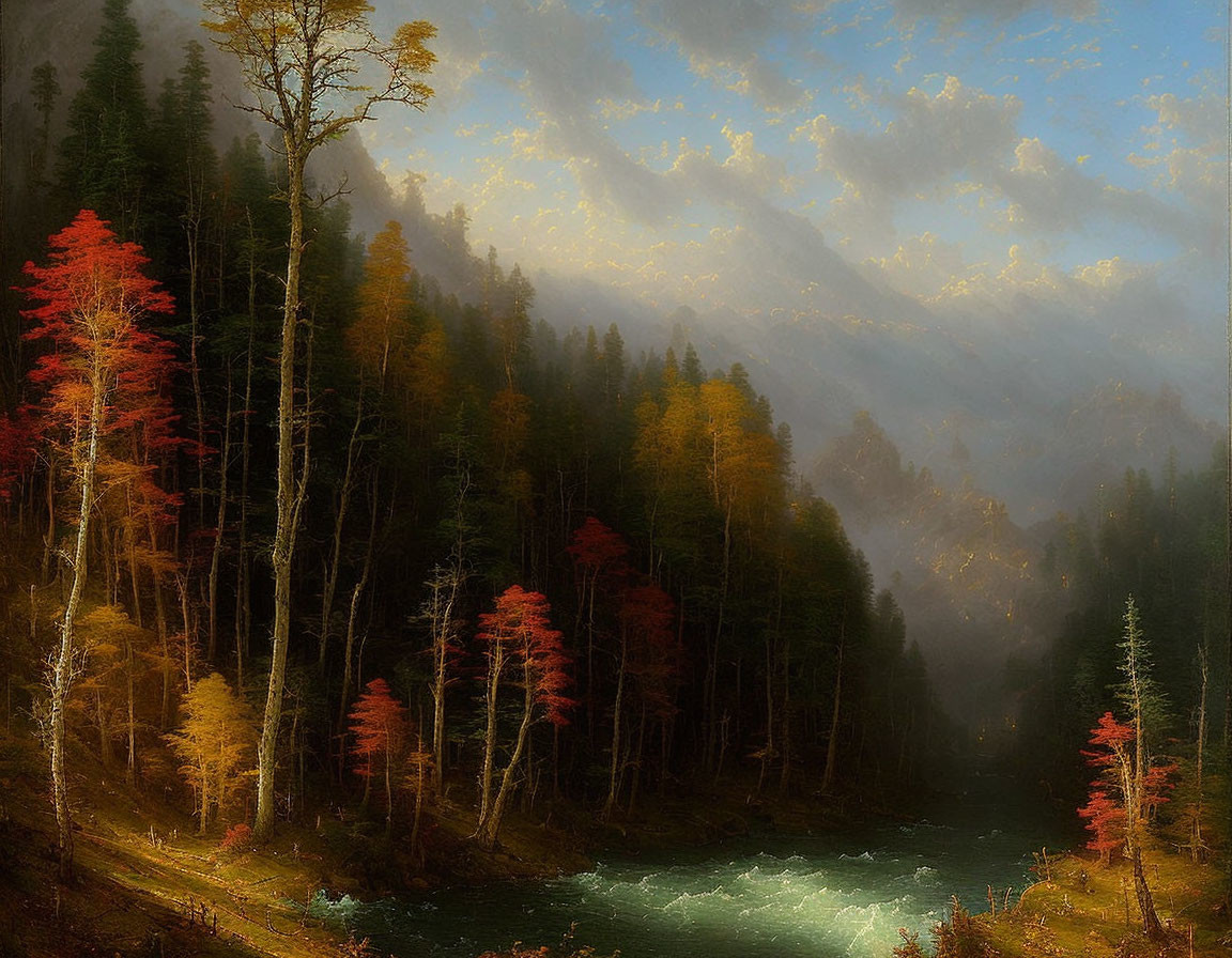 Tranquil autumn forest scene with river and colorful trees