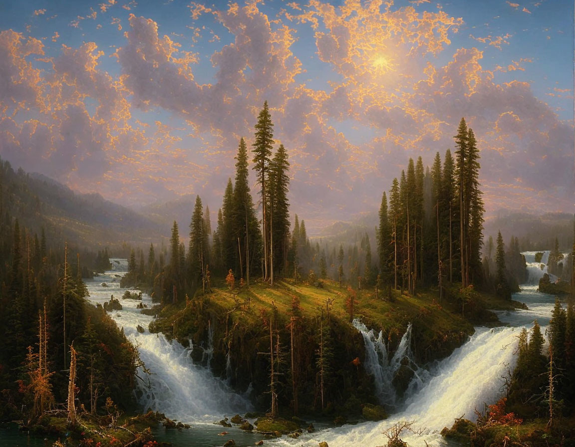 Lush forest island painting with towering trees and waterfalls