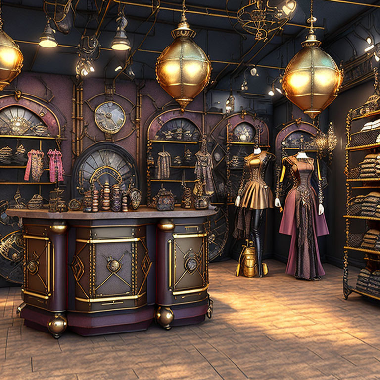 Steampunk-themed boutique with vintage dresses, elaborate timepieces, and ornate flying balloons