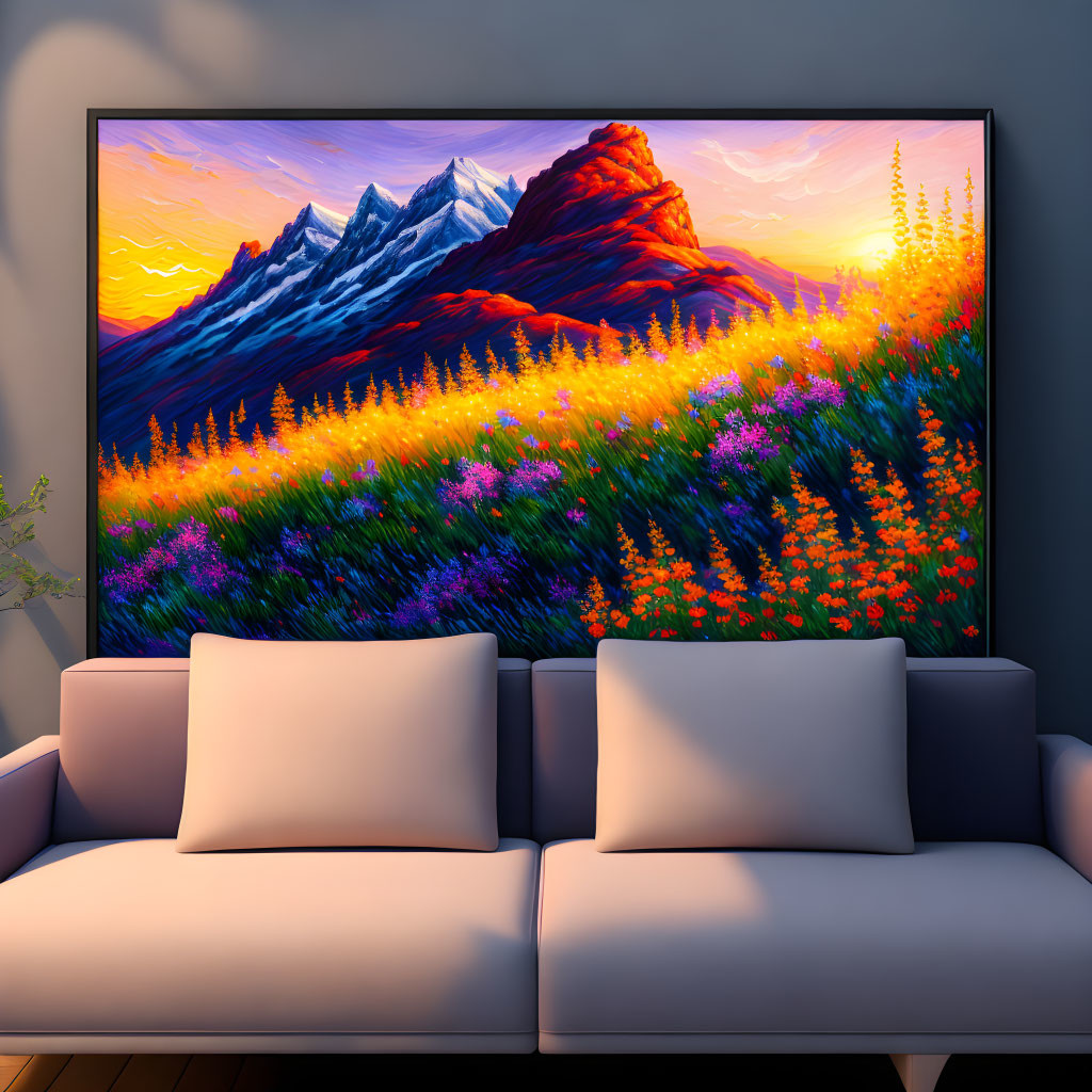 Colorful mountain sunset painting above grey couch in modern room