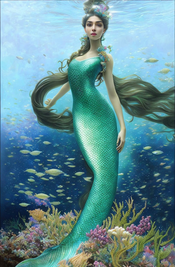 Mermaid with Long Flowing Hair and Green Tail Among Underwater Fish and Coral