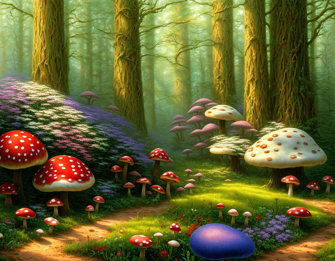 Sunlit enchanted forest glade with oversized red and white mushrooms