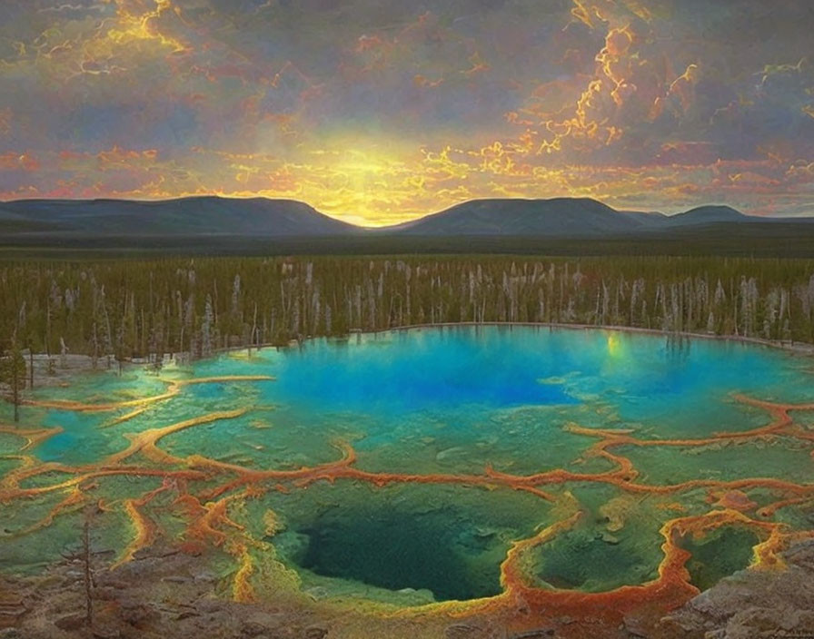 Colorful Geothermal Pool at Sunrise Amidst Forest and Mountains