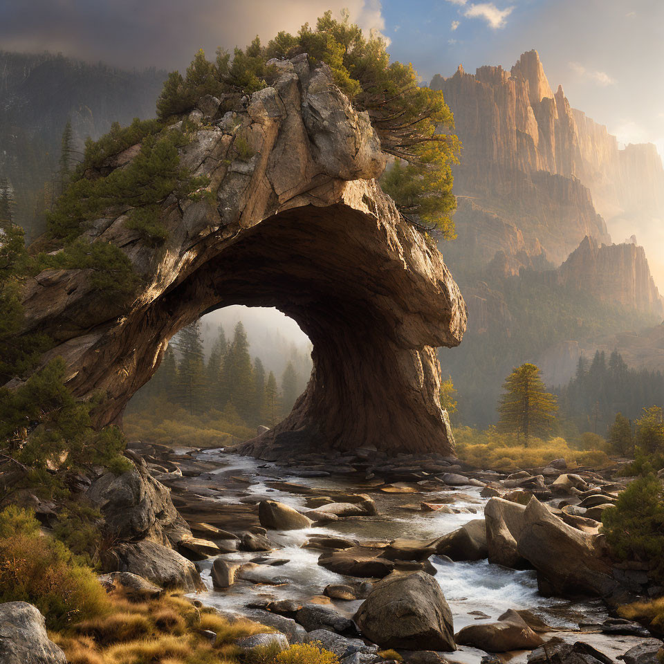 Scenic natural stone arch over stream with mountain range and forest landscape