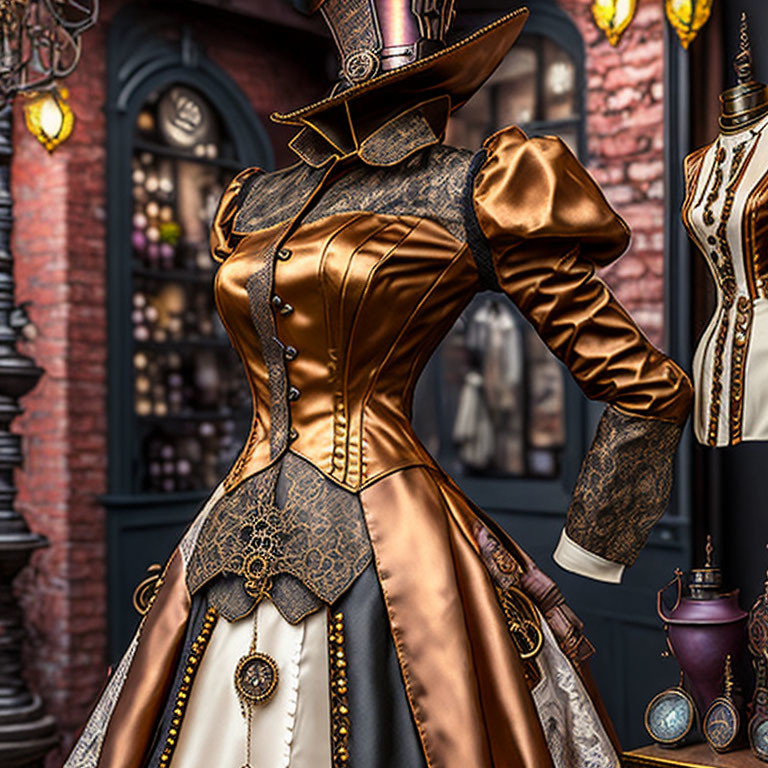 Steampunk outfit with corset, puffy sleeves, layered skirt, and top hat in vintage