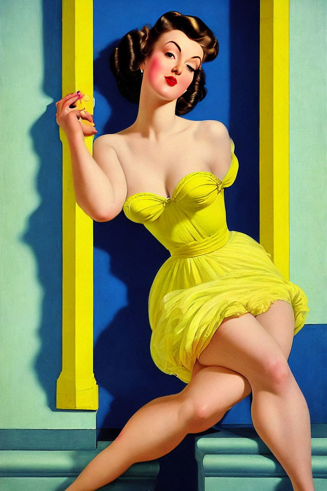 Vintage Illustration: Woman in Yellow Dress with Handheld Mirror