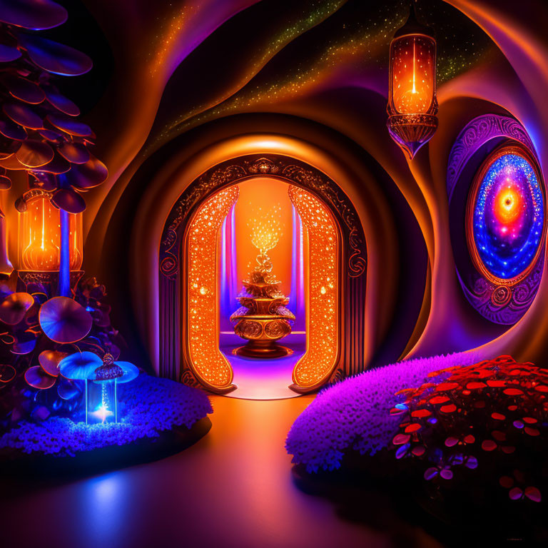 Fantastical glowing room with neon mushrooms, luminous doorway, and luxurious seating