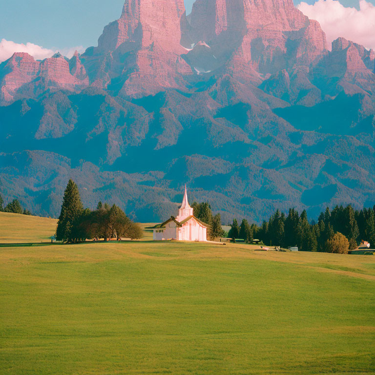 Quaint church in green field with mountains under blue sky