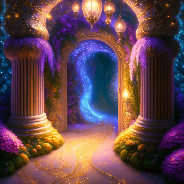 Ornate pillars and purple blooms framing mystical archway in cosmic scene