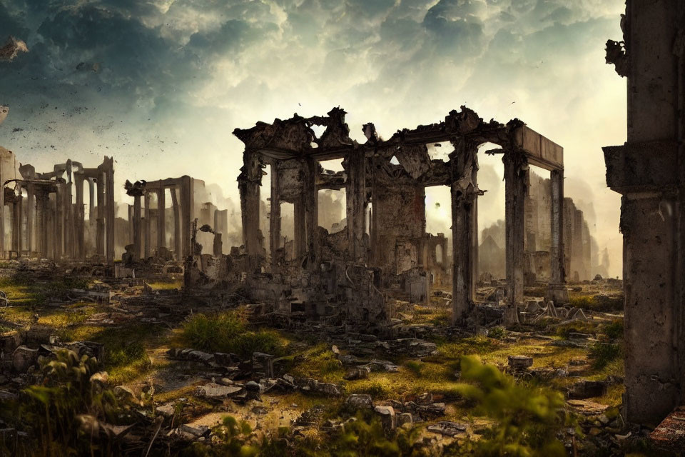 Ancient temple ruins with standing columns in desolate landscape