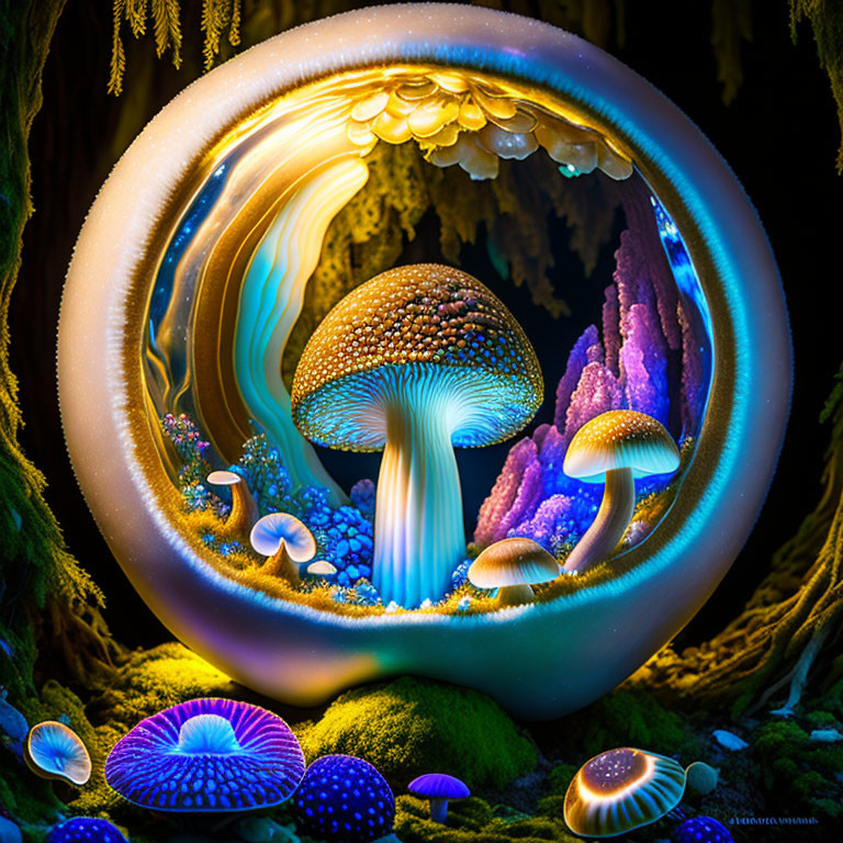 Colorful glowing mushroom ecosystem in circular frame on dark forest background