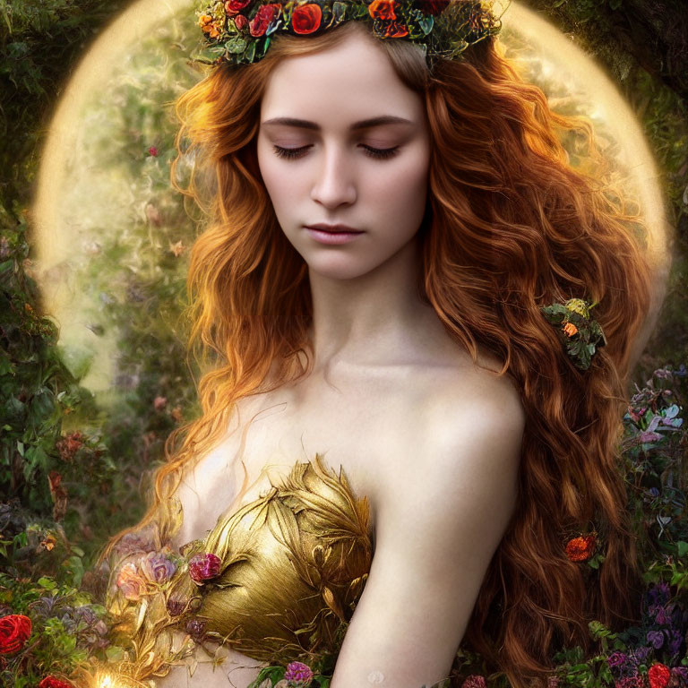 Red-haired woman with floral wreath in mystical setting