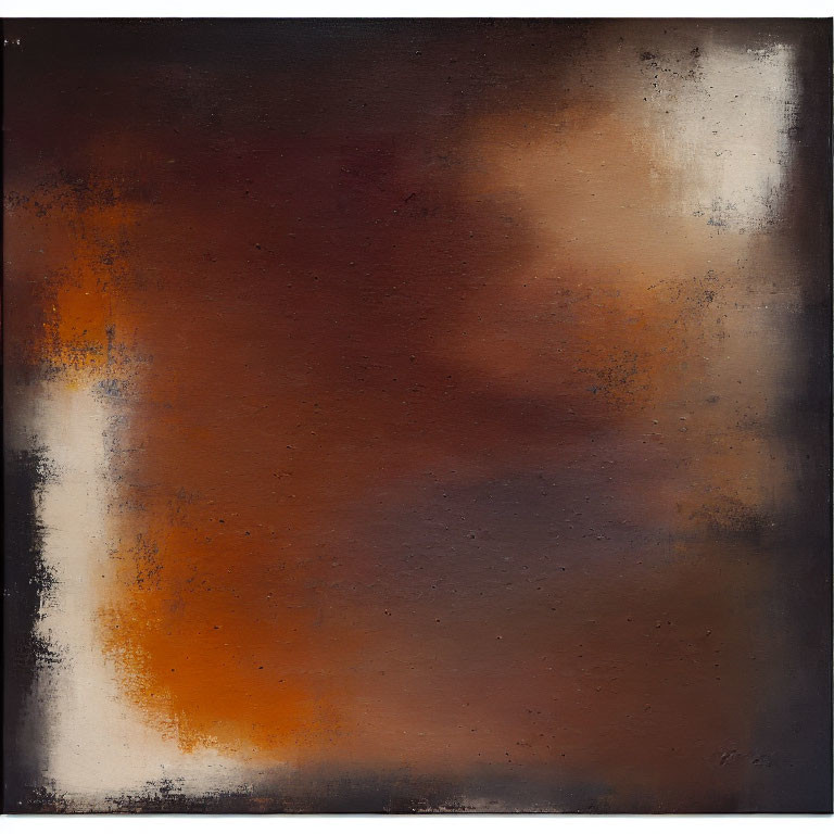 Dark and warm-toned abstract painting with blacks, browns, oranges, and white smudges