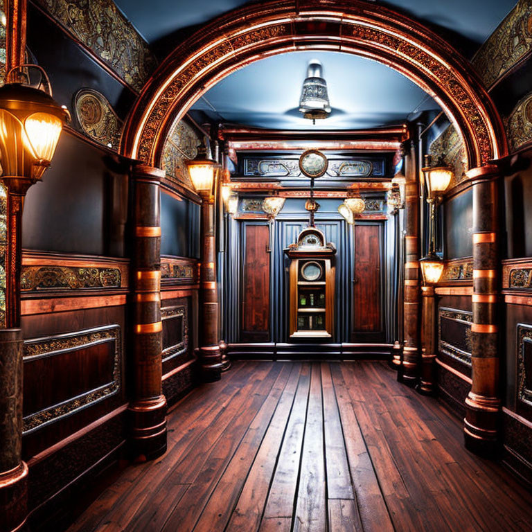 Ornate Victorian-style hallway with wooden arches, brass railings, and hanging lamp