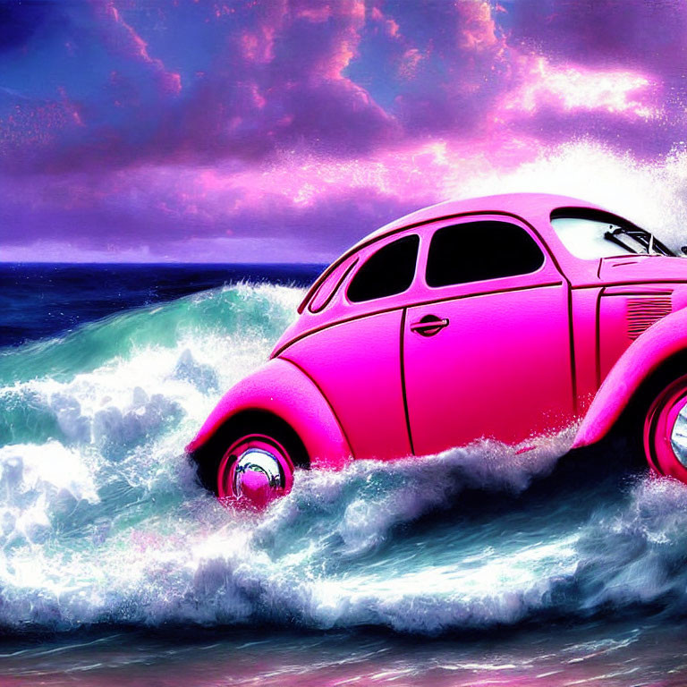 Pink Volkswagen Beetle surfing on ocean waves under purple sky