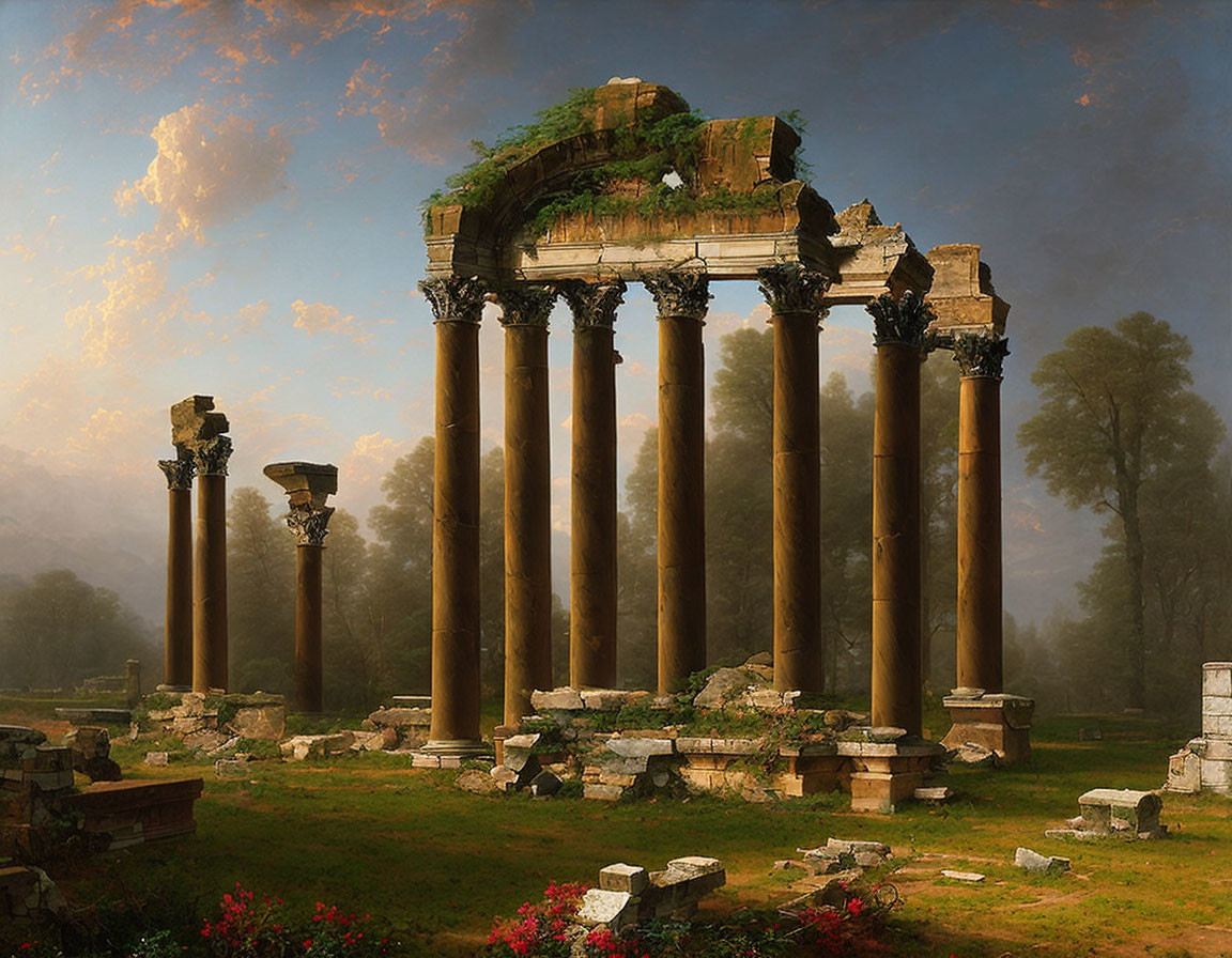 Ancient columns in ruins surrounded by overgrown foliage and trees at dusk