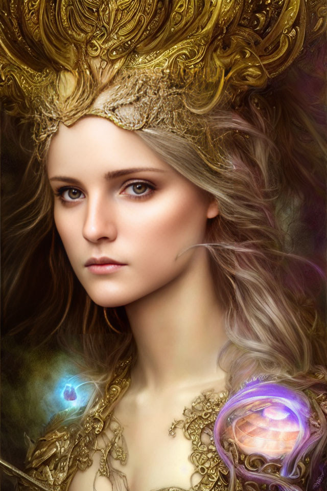 Regal woman with golden crown and mystical orb.