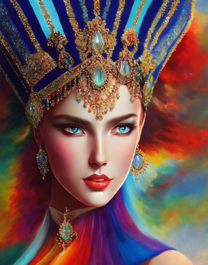 Colorful digital artwork: Woman with blue eyes in ornate headdress