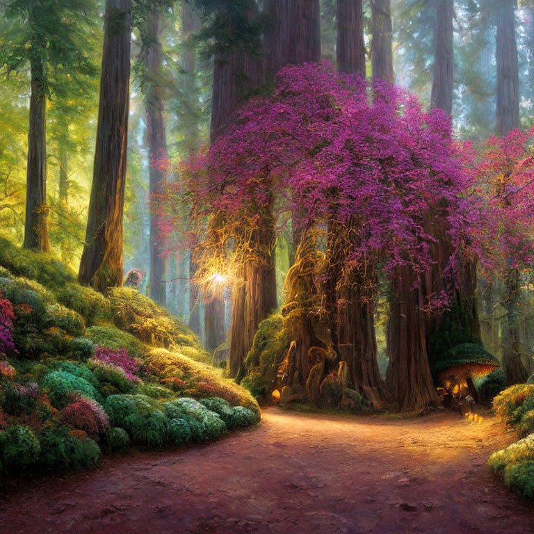 Majestic forest path with purple flowers and redwoods in warm sunlight