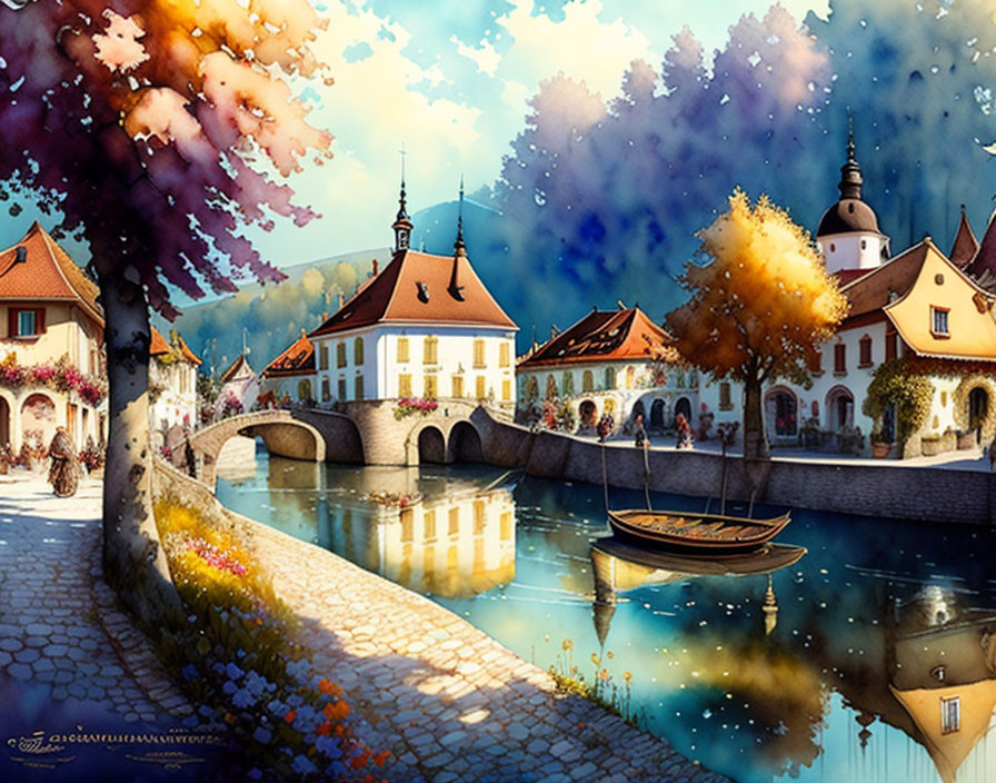 Scenic illustration: quaint town, stone bridge, river, boat, colorful buildings