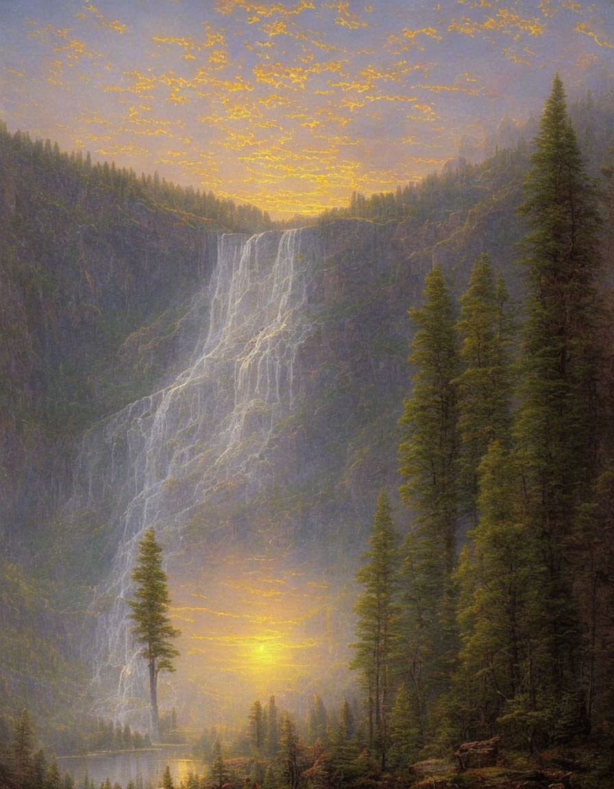 Majestic waterfall cascading down cliff in pine tree forest under golden sky