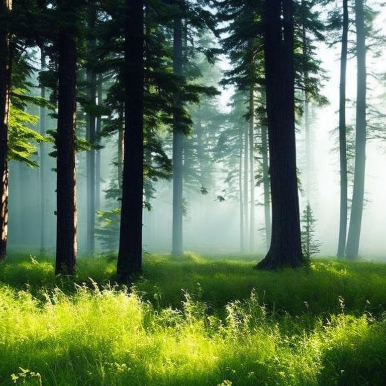 Misty forest with tall trees and vibrant green undergrowth in sunlight