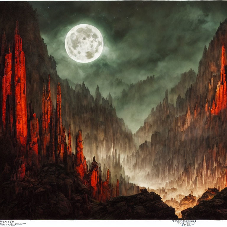 Fantastical landscape with glowing red spires and luminous moon