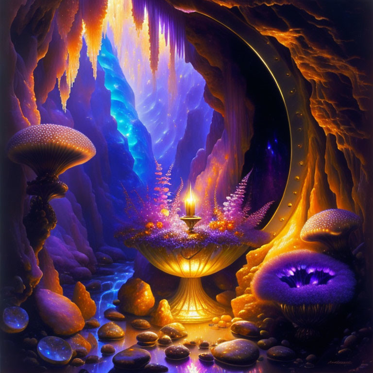 Enchanting cave with bioluminescent plants and glowing table