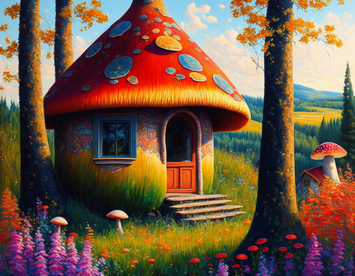 Colorful forest scene with whimsical mushroom-shaped house