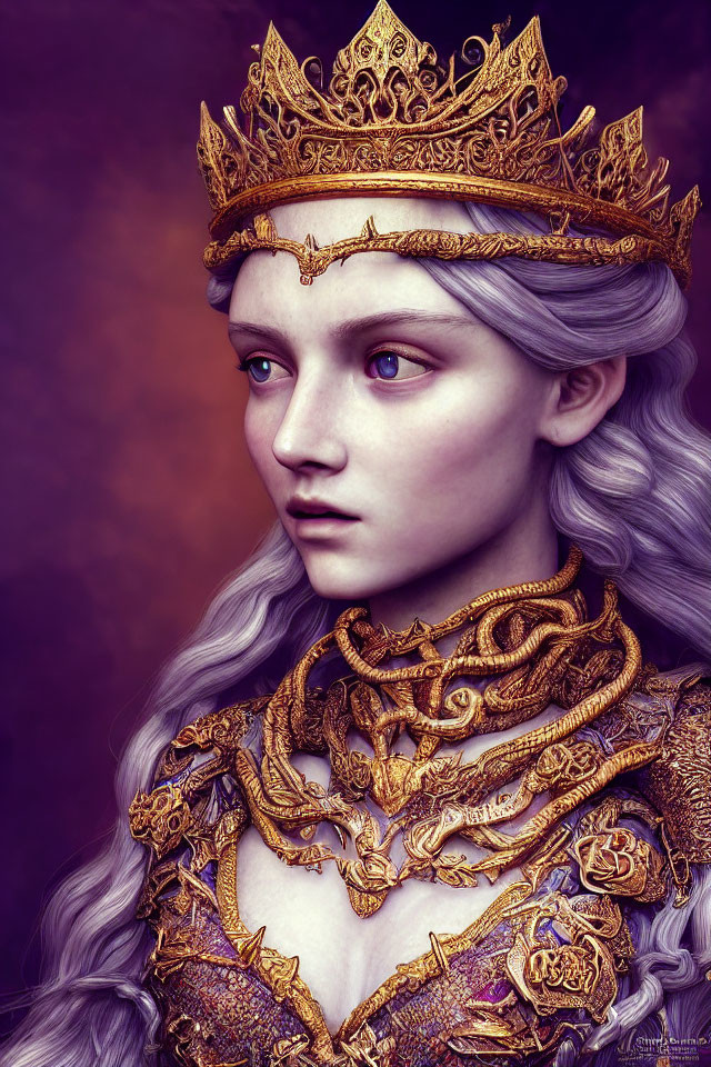 Regal woman with pale skin in golden crown and armor