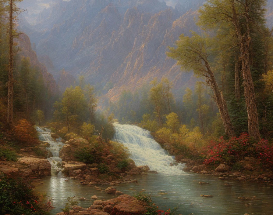 Tranquil river with serene waterfall in misty landscape